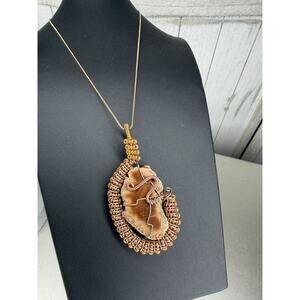 Artisan Rock Wire Wrapped Pendant Necklace Boho Stone Copper Gold OOAK